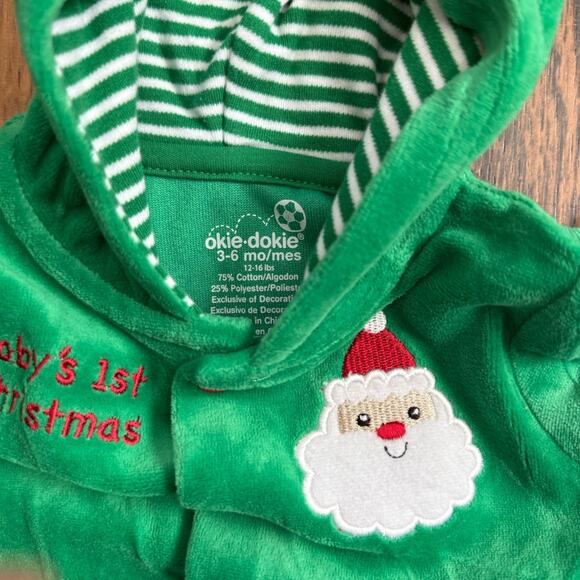 Okie Dokie Baby’s 1st Christmas Green Santa Hooded Romper NWT 3-6 Months - Picture 4 of 4